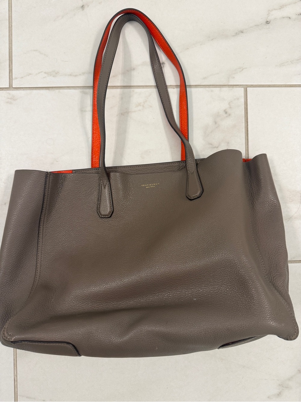 Tory Burch Taupe Leather Tote with Orange Trim